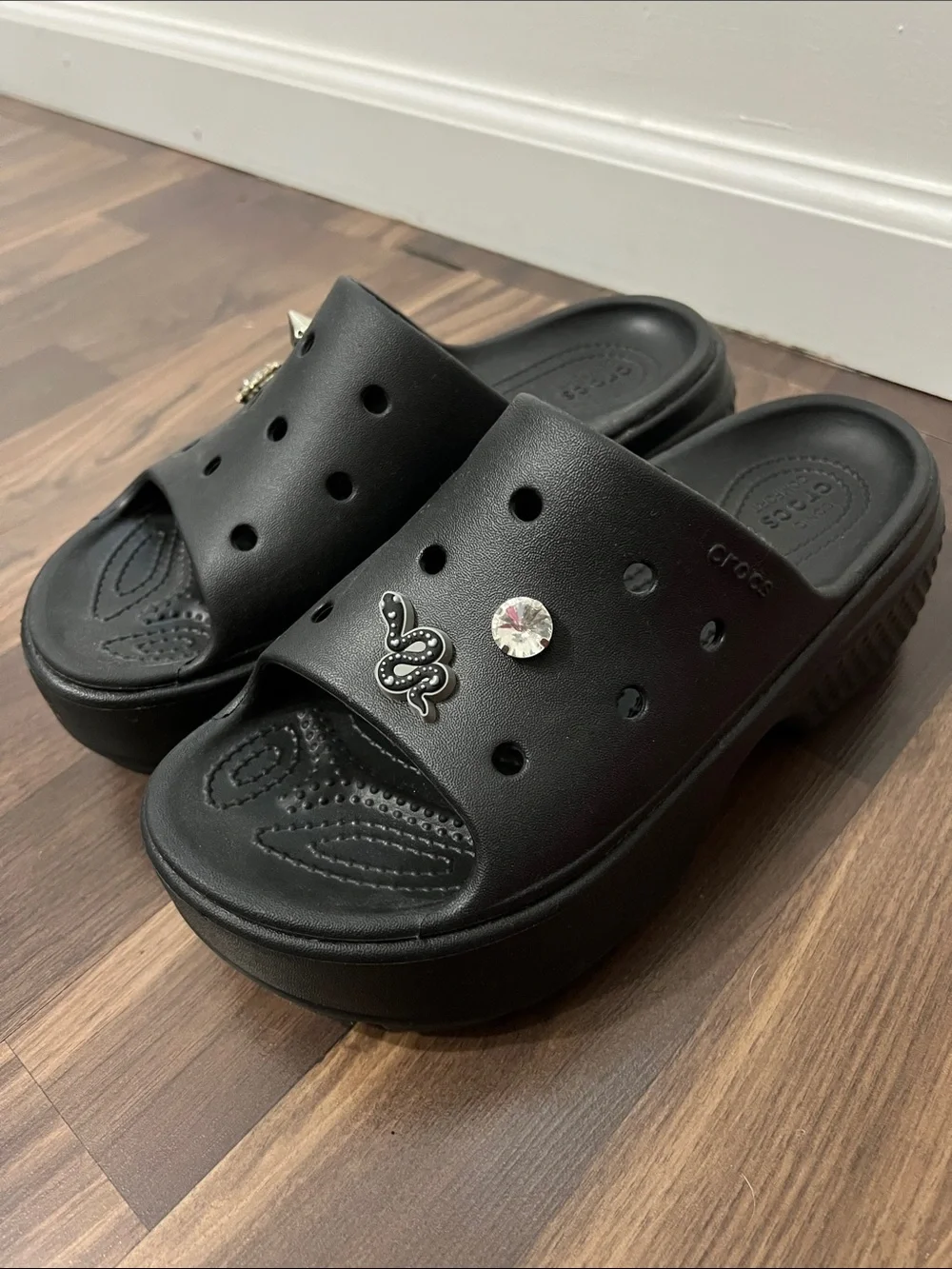 Black Crocs Platform Slide Sandals. Taylor Swift Reputation inspired.